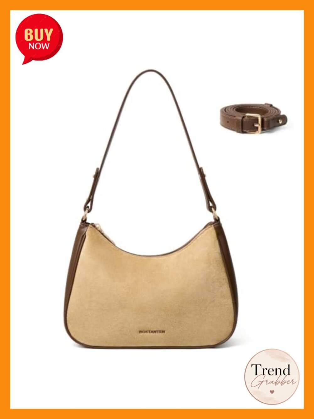 Dual-Texture Vegan Leather Crescent Shoulder Bag with Detachable Strap